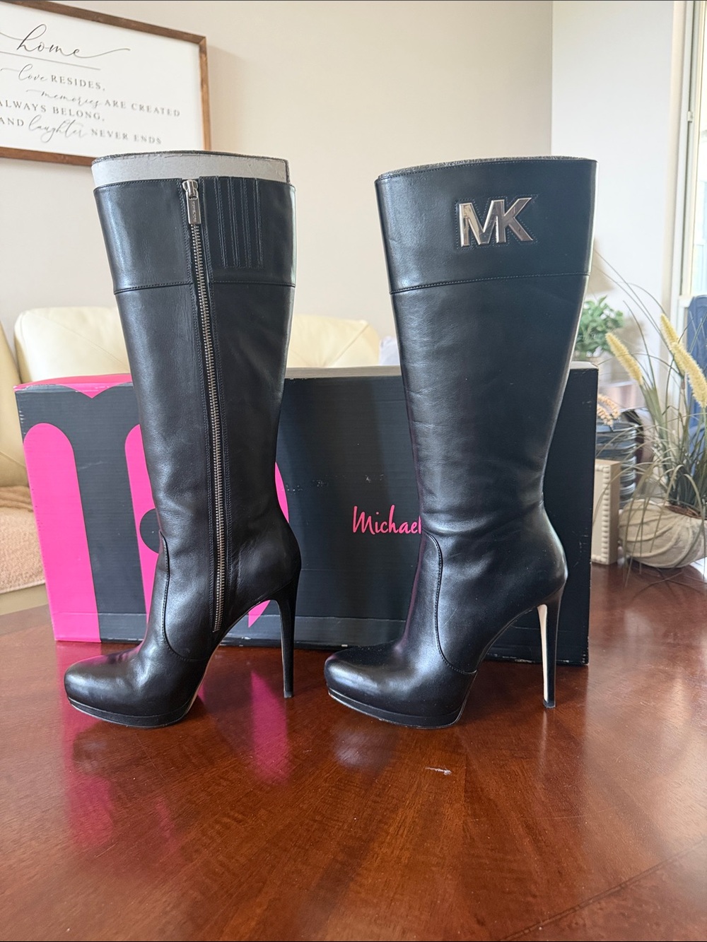 Michael Kors Black Leather Knee-High Stiletto Boots with MK Logo